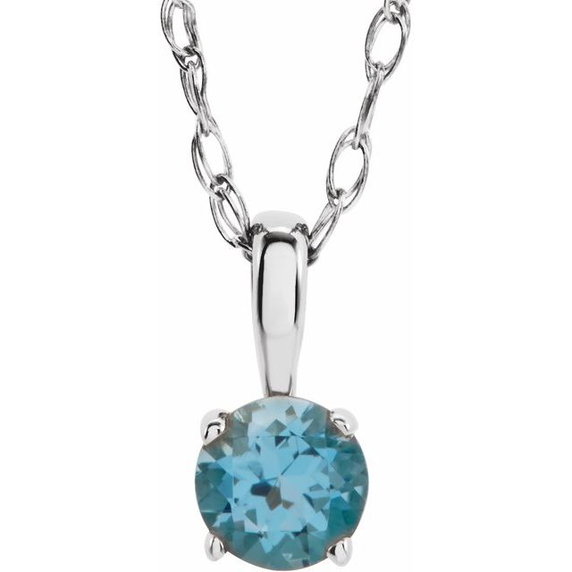 14K White Gold Natural Aquamarine Youth Solitaire Necklace - 14 Inch