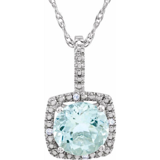1/100 CTW Natural Aquamarine and Diamond Birthstone Necklace in Sterling Silver