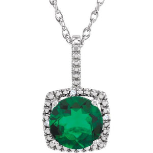 1/100 CTW Lab-Grown Emerald and Natural Diamond Round Birthstone Necklace in Sterling Silver