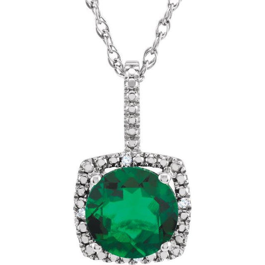 1/100 CTW Lab-Grown Emerald and Natural Diamond Round Birthstone Necklace in Sterling Silver