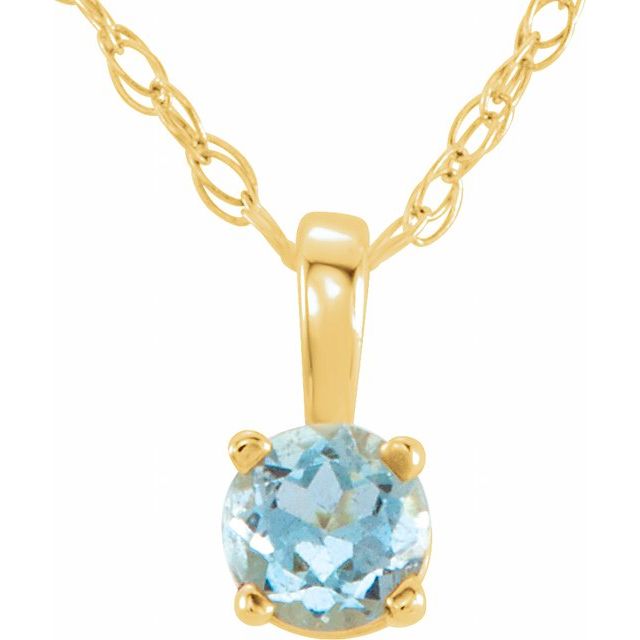 14K White Gold Natural Aquamarine Youth Solitaire Necklace - 14 Inch