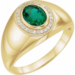 Lab-Grown Emerald And 1/8 Ctw Natural Diamond Ring | 14K Gold, Silver & Platinum | 1/8 CTW | Oval | Polished