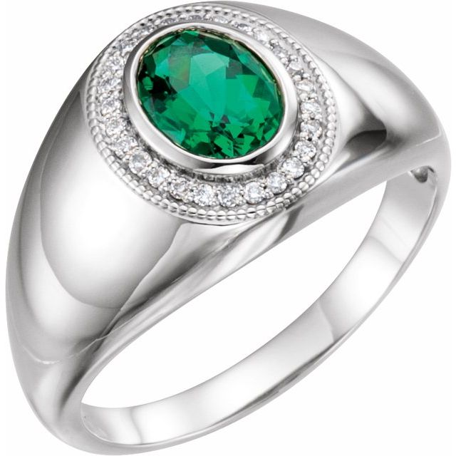 Lab-Grown Emerald And 1/8 Ctw Natural Diamond Ring | 14K Gold, Silver & Platinum | 1/8 CTW | Oval | Polished