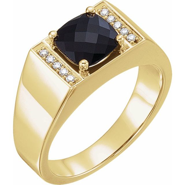 Natural Onyx And Natural Diamond Ring | 14K Gold, Silver & Platinum | 1/10 CTW | Cushion | Polished