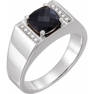 Natural Onyx And Natural Diamond Ring | 14K Gold, Silver & Platinum | 1/10 CTW | Cushion | Polished