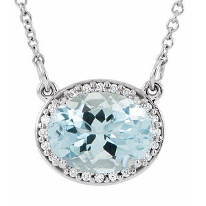 1/100 CTW Oval Natural Aquamarine and Diamond Necklace Crafted in 14K Gold