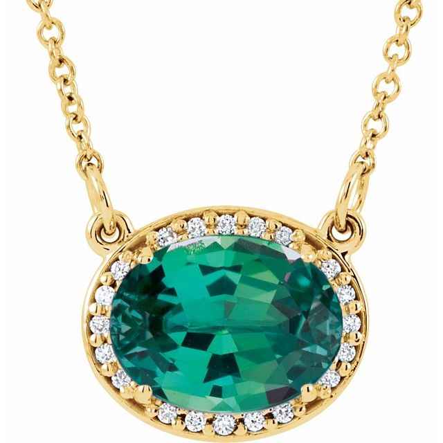 1/100 CTW Lab-Grown Emerald and Natural Diamond Oval Necklace in 14K Gold