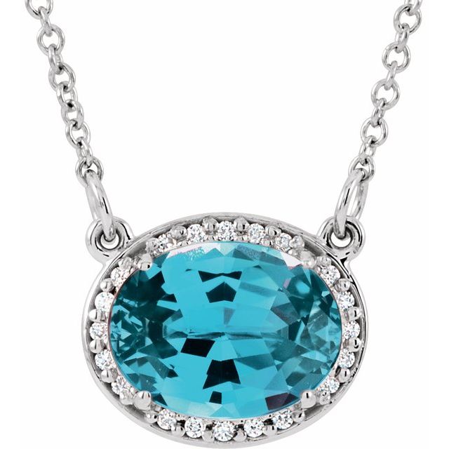 1/100 CTW Oval Natural Aquamarine and Diamond Necklace Crafted in 14K Gold