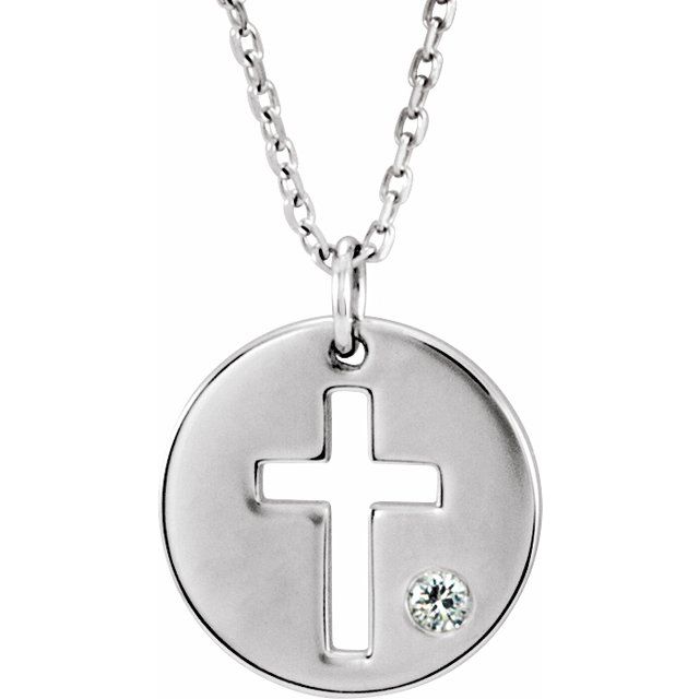 14K Gold .03 Ctw Natural Diamond Pierced Cross Disc Necklace