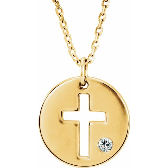 14K Gold .03 Ctw Natural Diamond Pierced Cross Disc Necklace