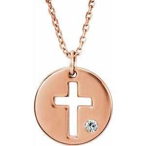 14K Gold .03 Ctw Natural Diamond Pierced Cross Disc Necklace