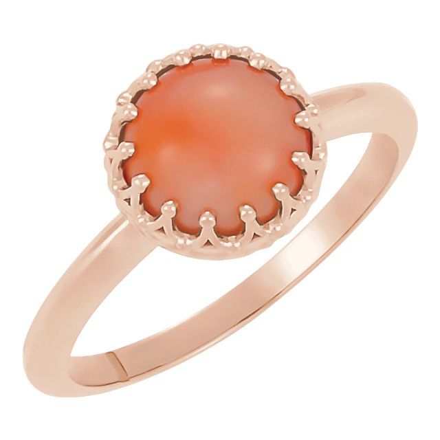 14K White Gold Natural Pink Coral Crown Cabochon Ring – Elegant Design