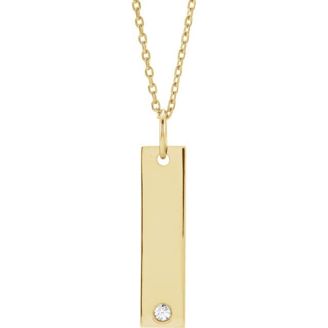 14K Gold .03 Ct Natural Diamond Engravable Bar Necklace