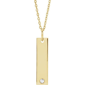 14K Gold .03 Ct Natural Diamond Engravable Bar Necklace