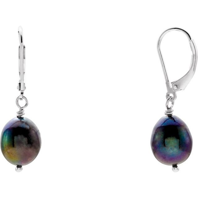 Sterling Silver 9-10 mm Cultured Black Freshwater Pearl Earrings