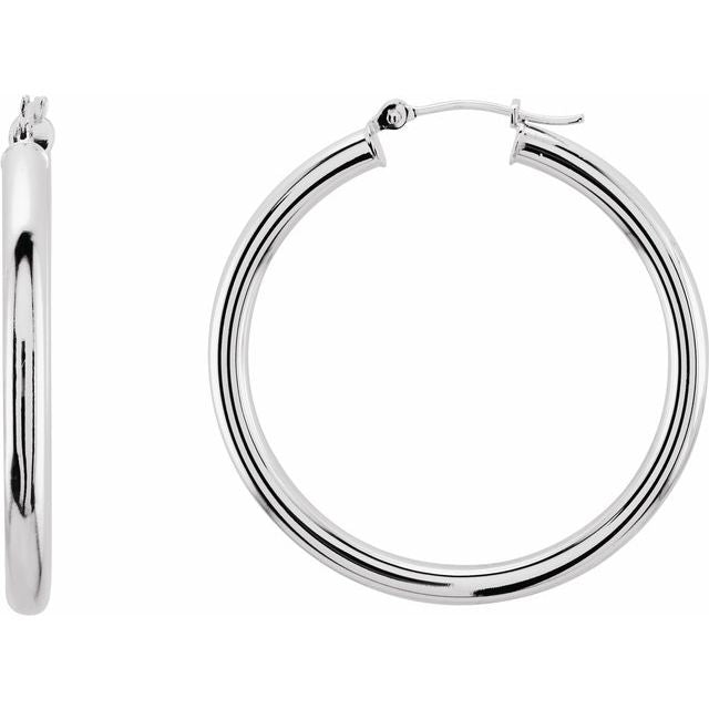 14K White Tube 15 mm Hoop Earrings