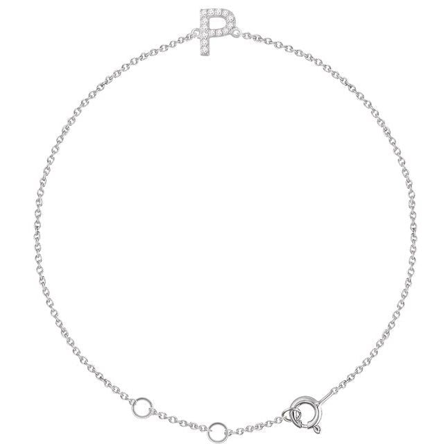 14K White Gold, 6-7 Inch Natural Diamond Initial A Bracelet