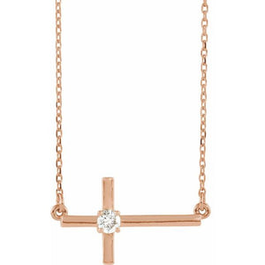 14K Gold Natural Diamond Sideways Cross Adjustable Necklace