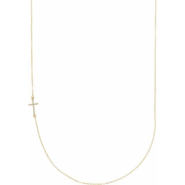 14K Gold Natural Diamond Off-Center Sideways Cross Necklace
