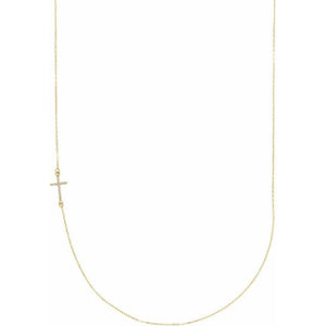 14K Gold Natural Diamond Off-Center Sideways Cross Necklace