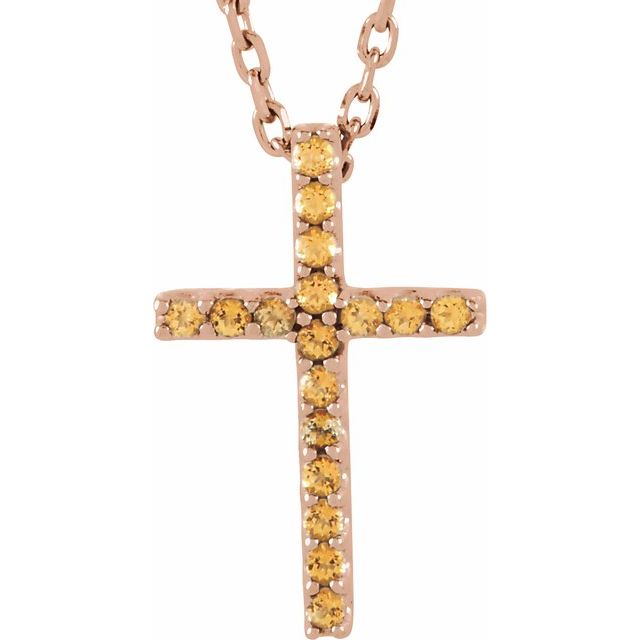 14K White Gold Petite Cross Necklace with Natural Blue Sapphires - 16 Inches