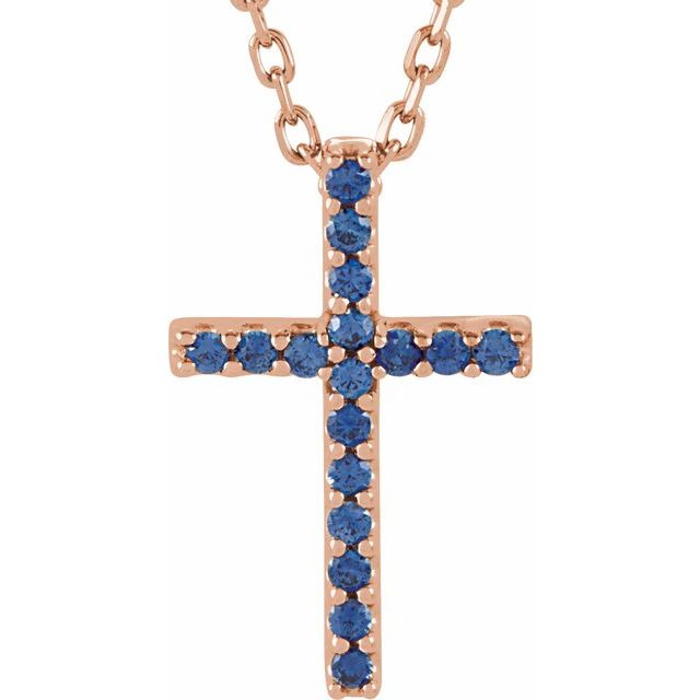 14K Gold Natural Blue Sapphire Petite Cross Necklace