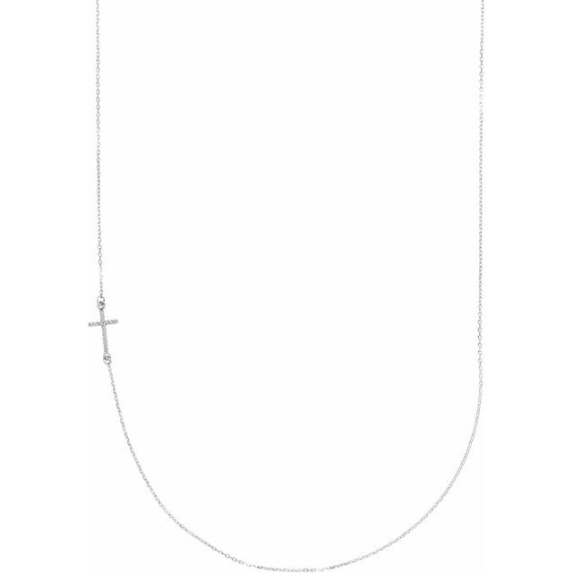 14K Gold Natural Diamond Off-Center Sideways Cross Necklace