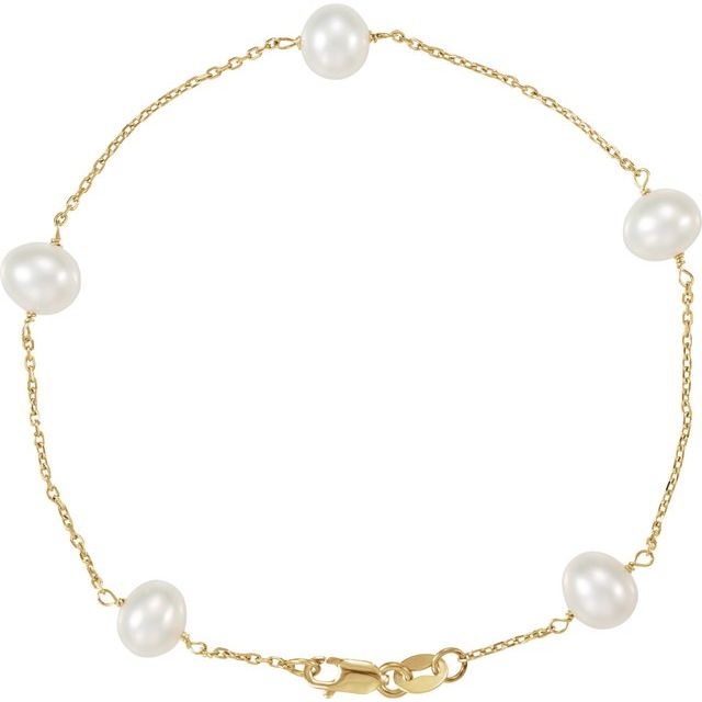 14K Yellow Cultured White Freshwater Pearl 5-Station 7" Bracelet