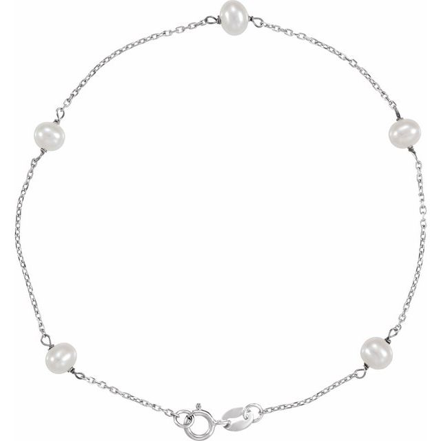 14K Gold Cultured White Pearl Station Bracelet