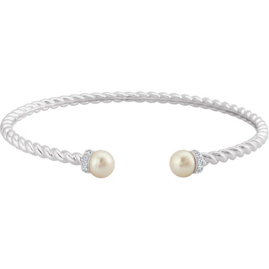 14K Gold Cultured Freshwater Pearl And Natural Diamond Cuff Bracelet - Options Available
