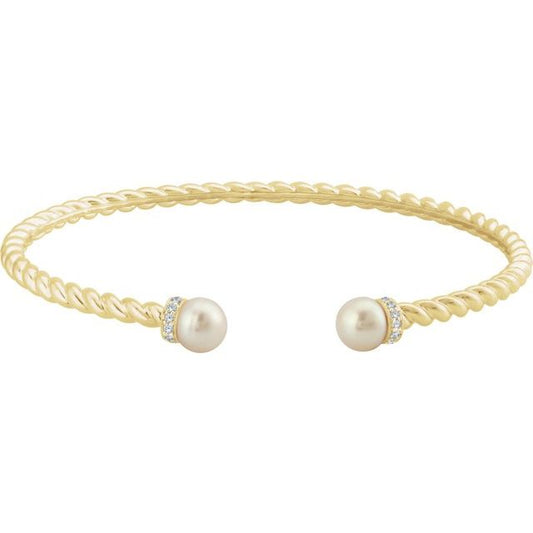 14K Gold Cultured Freshwater Pearl And Natural Diamond Cuff Bracelet - Options Available