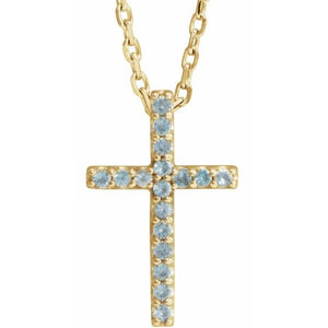 14K Gold Natural Blue Sapphire Petite Cross Necklace