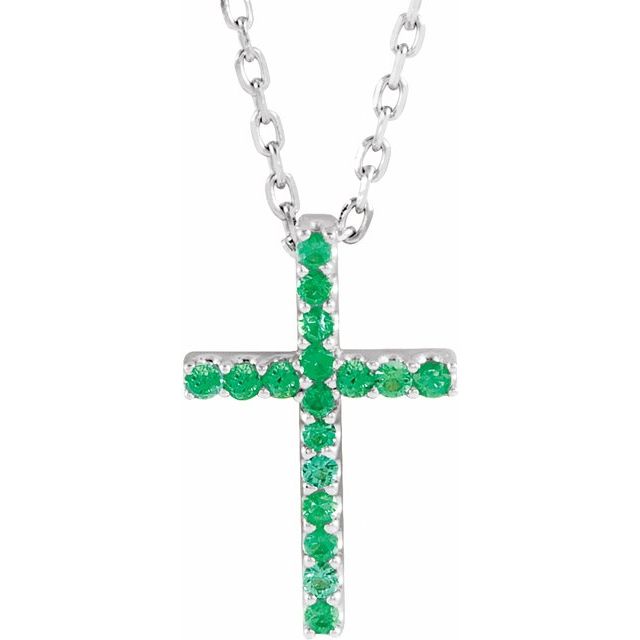 14K White Gold Petite Cross Necklace with Natural Blue Sapphires - 16 Inches