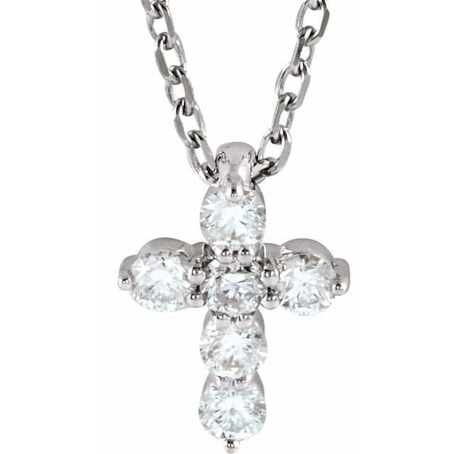 14K White Gold 16-18" Natural Diamond Cross Necklace - 1/6 CTW