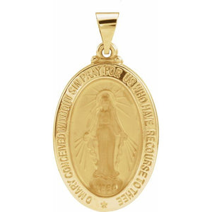 Oval Hollow Miraculous Medal Pendant in 14K Gold Available in Multiple Sizes