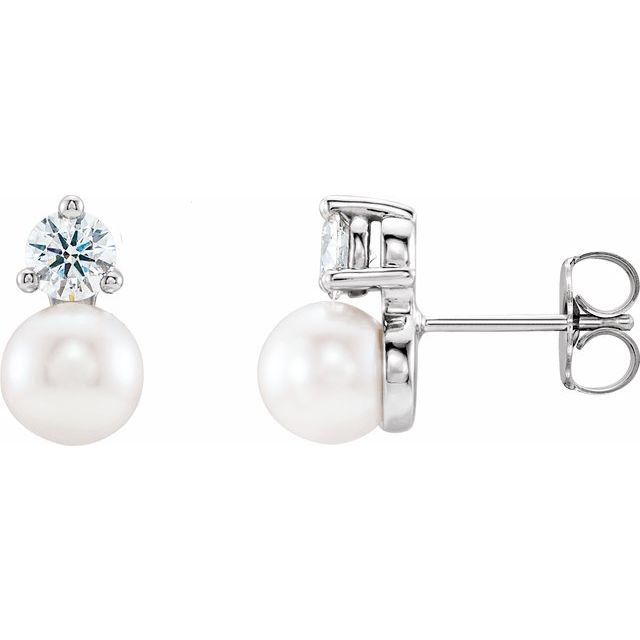 1/2 CTW Cultured White Freshwater Pearl and Natural Diamond Earrings in 14K Gold, Silver & Platinum
