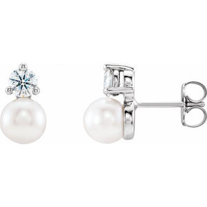 1/2 CTW Cultured White Freshwater Pearl and Natural Diamond Earrings in 14K Gold, Silver & Platinum