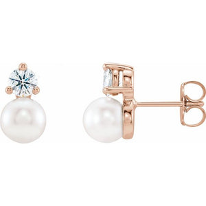 1/2 CTW Cultured White Freshwater Pearl and Natural Diamond Earrings in 14K Gold, Silver & Platinum