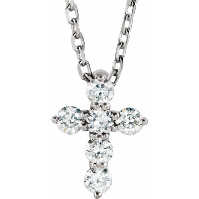 14K White Gold 16-18" Natural Diamond Cross Necklace - 1/6 CTW