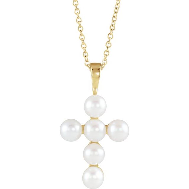 14K White Cultured White Freshwater Pearl Cross Pendant