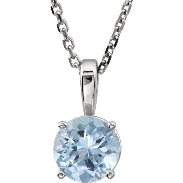 14K White 6  mm Natural Aquamarine Youth Solitaire 14" Necklace