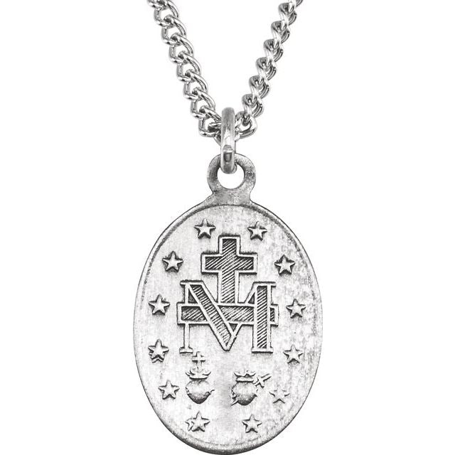 Sterling Silver 23x16  mm Oval Miraculous Medal 18" Necklace