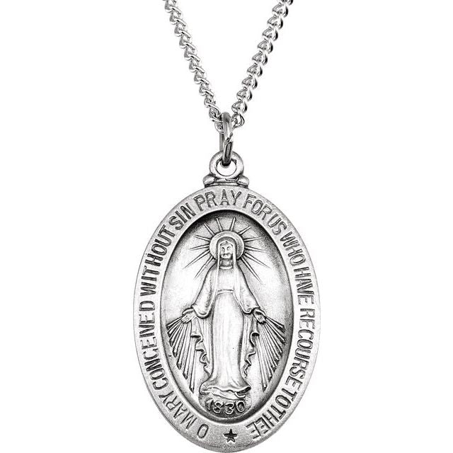 Sterling Silver 23x16  mm Oval Miraculous Medal 18" Necklace