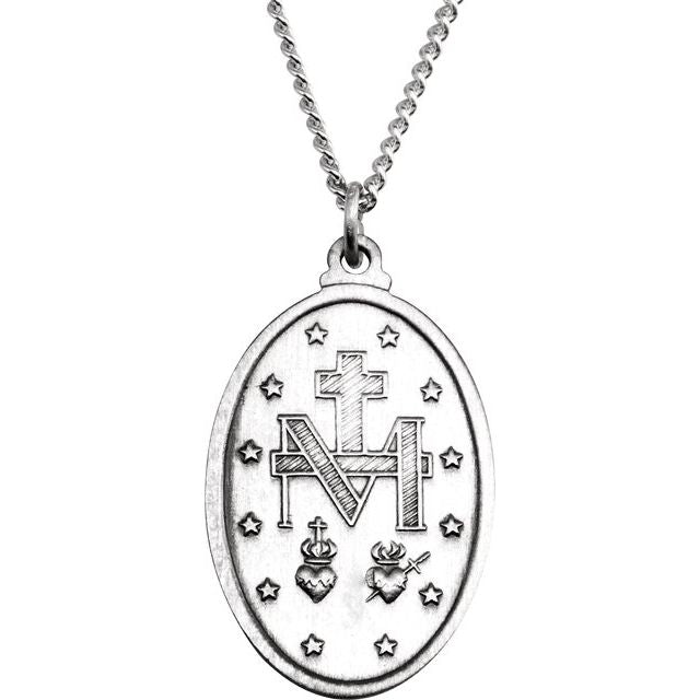 Sterling Silver 23x16  mm Oval Miraculous Medal 18" Necklace