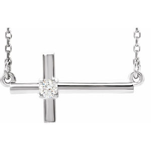 14K Gold Natural Diamond Sideways Cross Adjustable Necklace