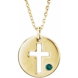 14K Gold .03 Ctw Natural Diamond Pierced Cross Disc Necklace