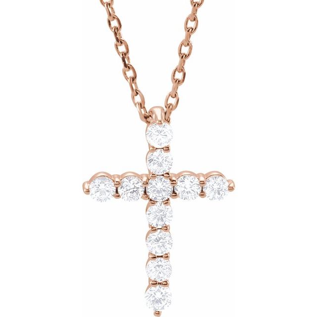 14K White Gold 16-18" Natural Diamond Cross Necklace - 1/6 CTW