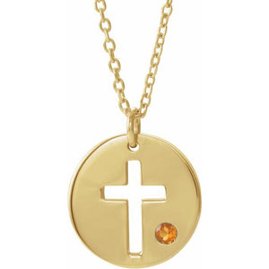 14K Gold .03 Ctw Natural Diamond Pierced Cross Disc Necklace