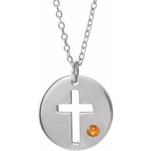 14K Gold .03 Ctw Natural Diamond Pierced Cross Disc Necklace
