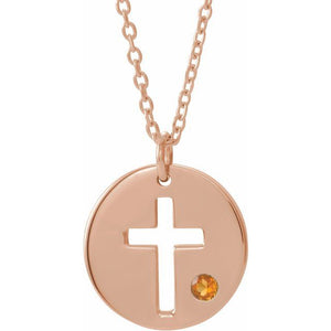 14K Gold .03 Ctw Natural Diamond Pierced Cross Disc Necklace